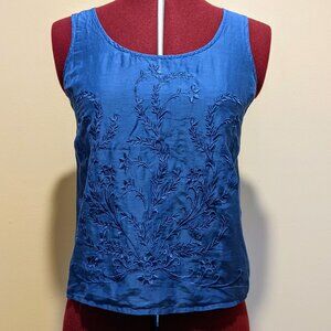 Lucca Couture Blue Silky Embroidered Boho Blue Sleeveless Tank Top – Size XS